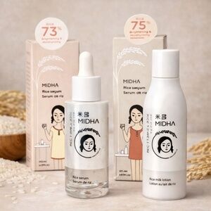 MIDHA Rice Serum & Milk Lotion 2pc Set 73% Rice Water K-Beauty Vegan Brightening